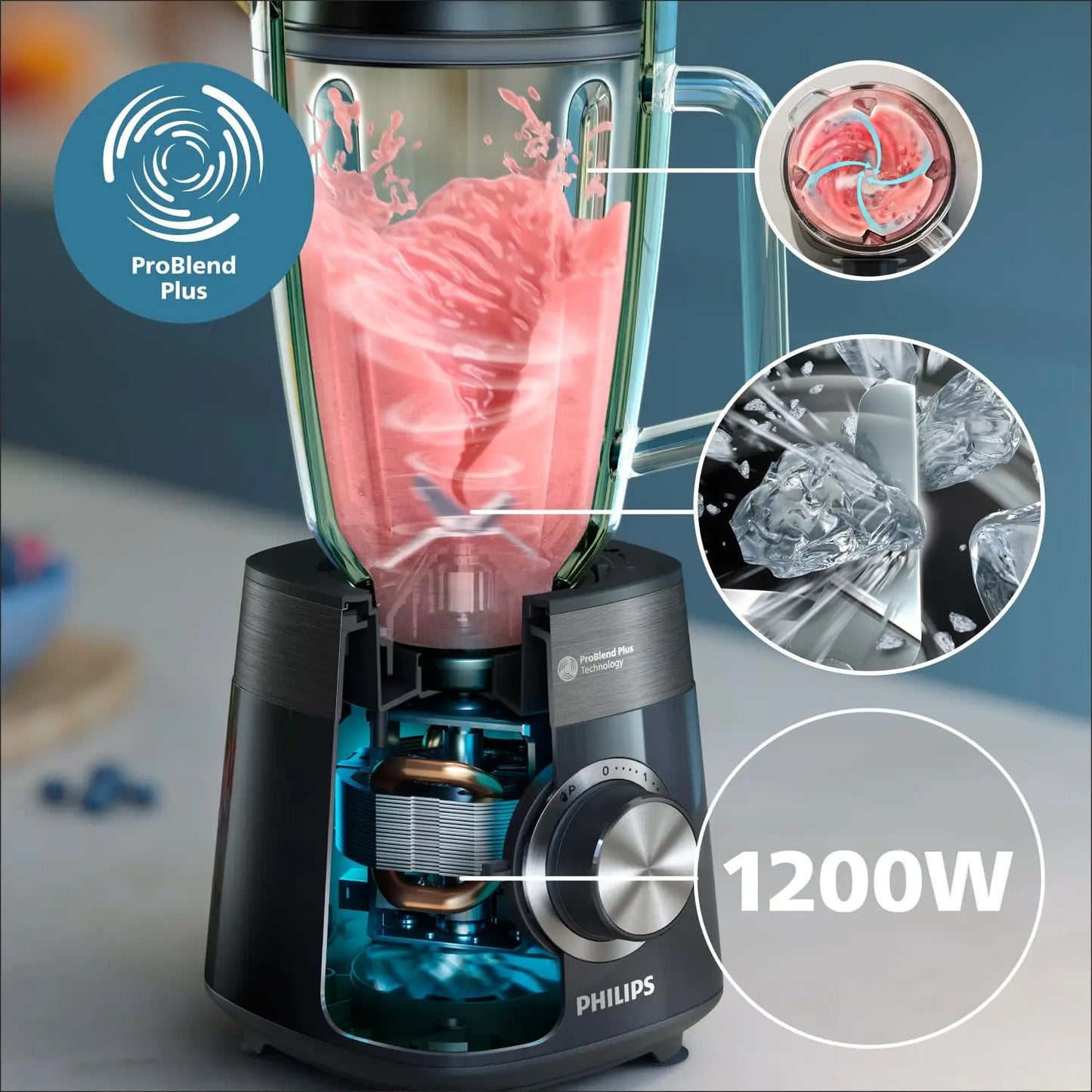 PHILIPS Blender ProBlend 4 Blades 1.9L Max Capacity 450W + E-book offert Simply smoothies