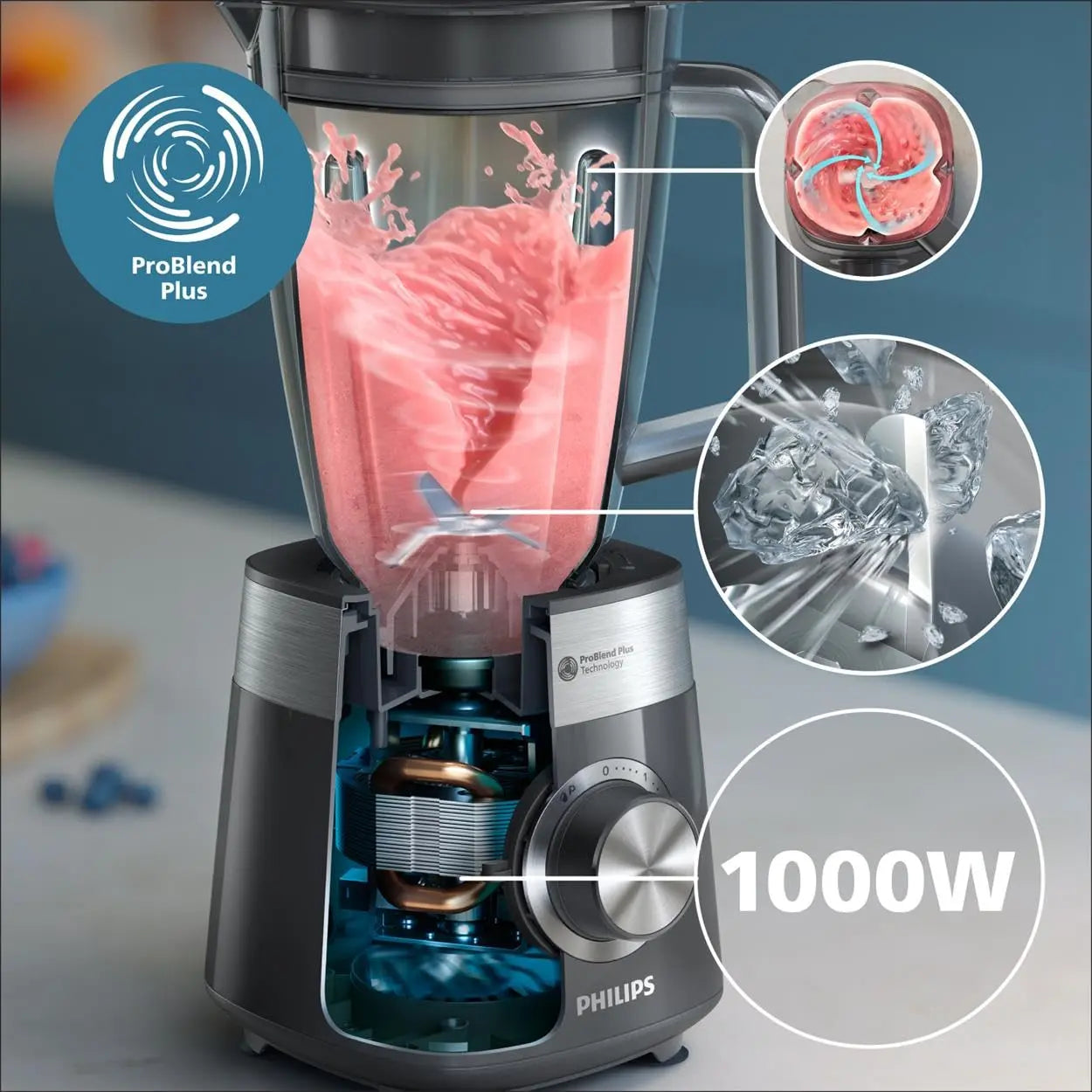 PHILIPS Blender ProBlend 4 Blades 1.9L Max Capacity 450W + E-book offert Simply smoothies