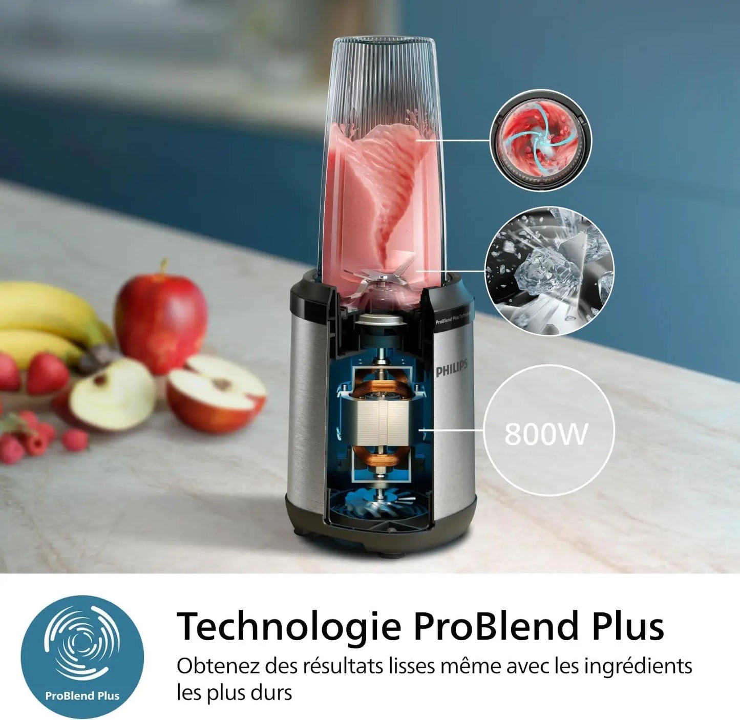 PHILIPS Blender ProBlend 4 Blades 1.9L Max Capacity 450W + E-book offert Simply smoothies